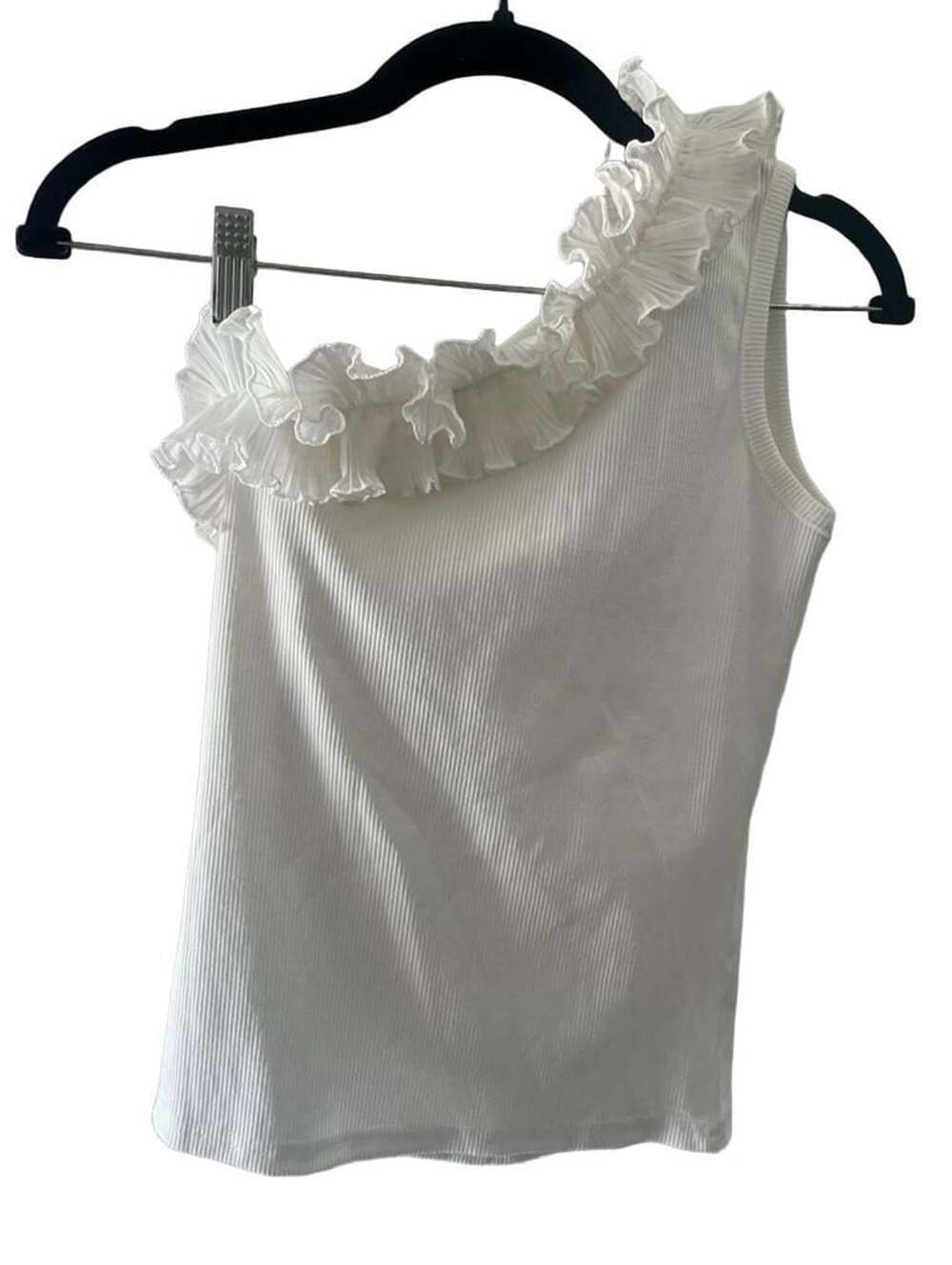 White One Shoulder Ribbed Tank Top With Ruffle Trim - Picture 2 of 4